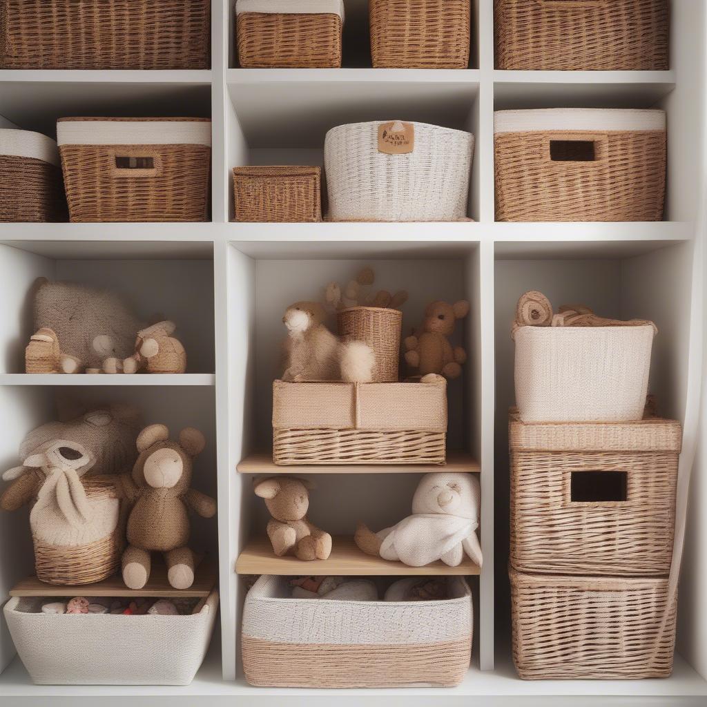 Various sizes of wicker storage baskets neatly arranged on shelves in a child's bedroom.