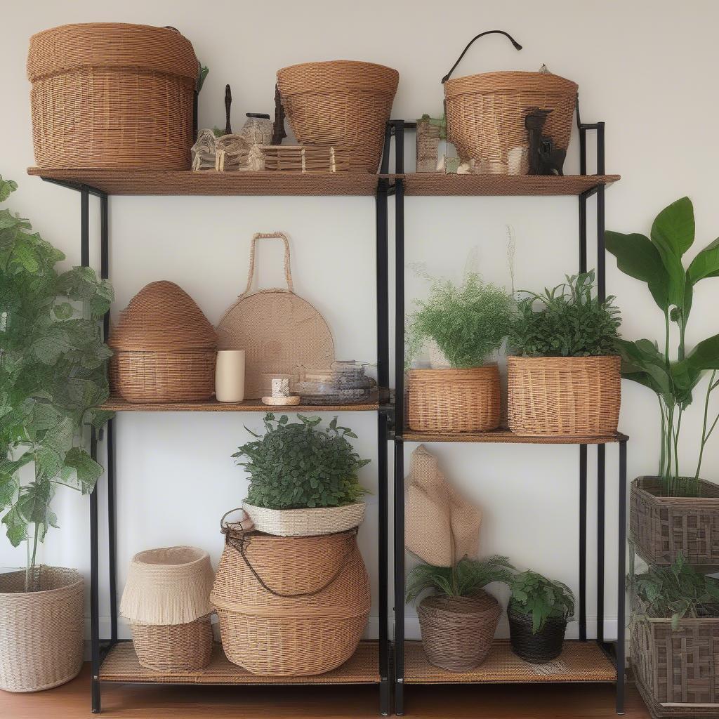 Wicker Storage Baskets on Wrought Iron Shelves