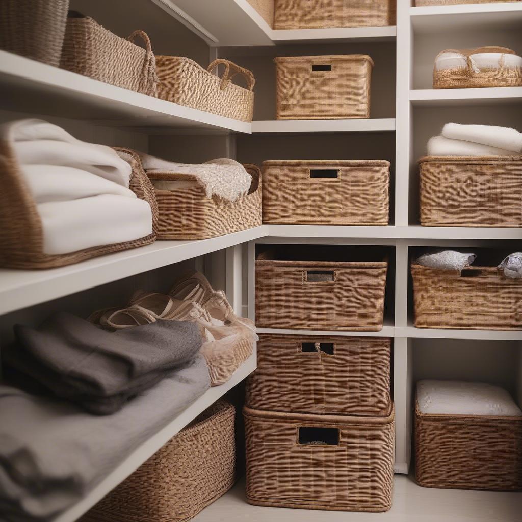 Wicker storage baskets used to organize various items in a closet, demonstrating their versatility.