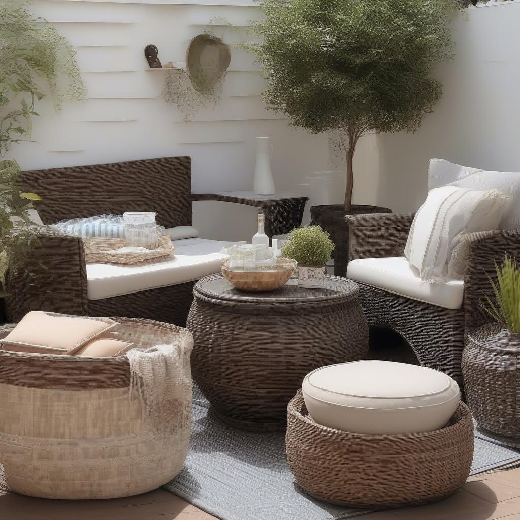 Wicker storage baskets neatly storing cushions on a cozy patio.