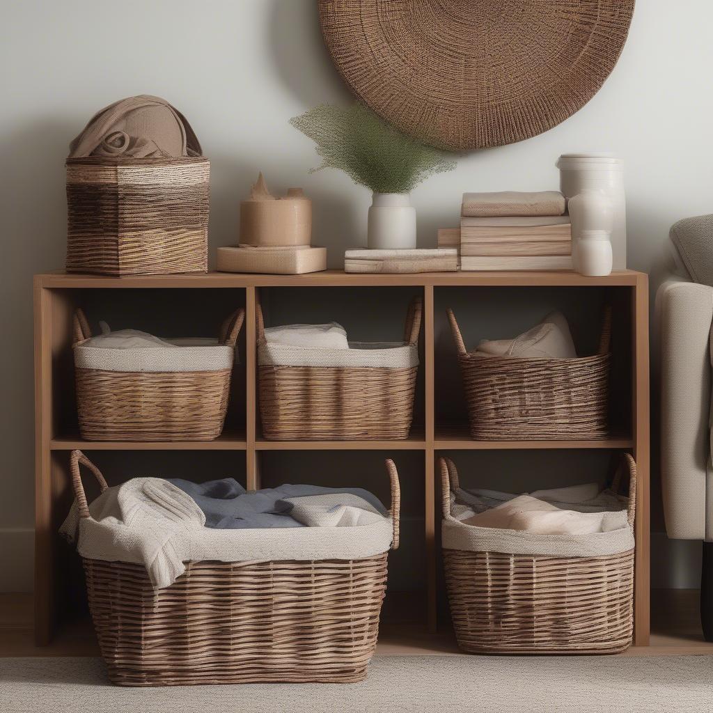 Set of 3 wicker storage baskets in a living room setting