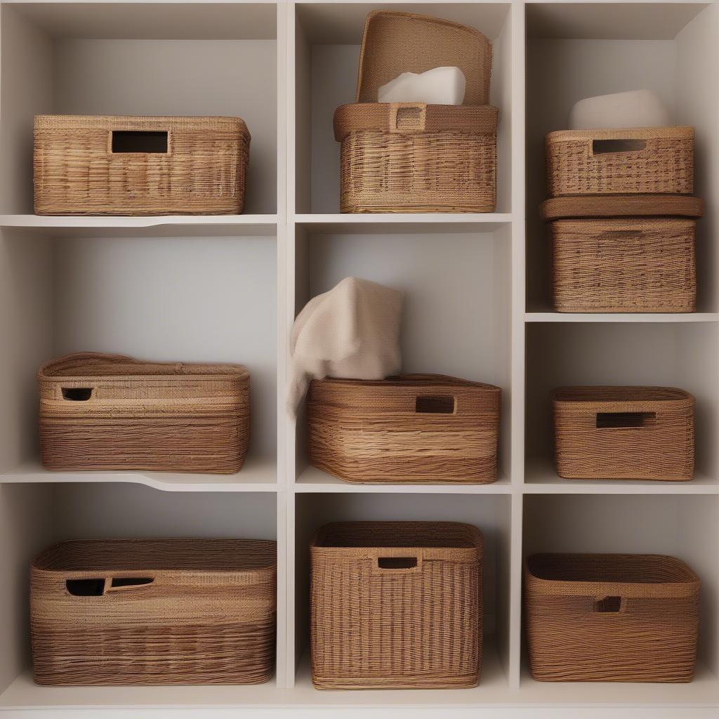 Clever space-saving ideas using wicker storage baskets.