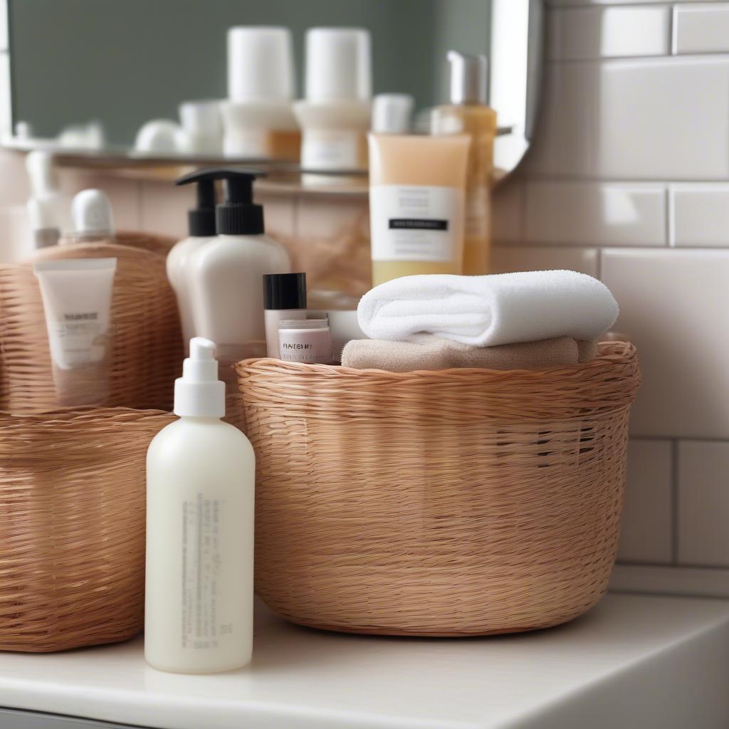 Wicker baskets storing toiletries on a bathroom counter