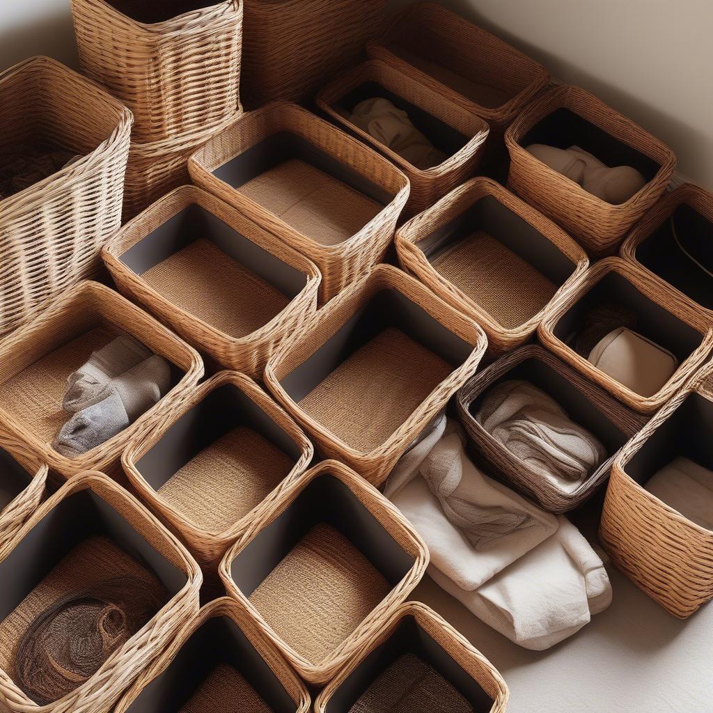 Multiple wicker storage baskets neatly arranged under a bed, maximizing storage space.