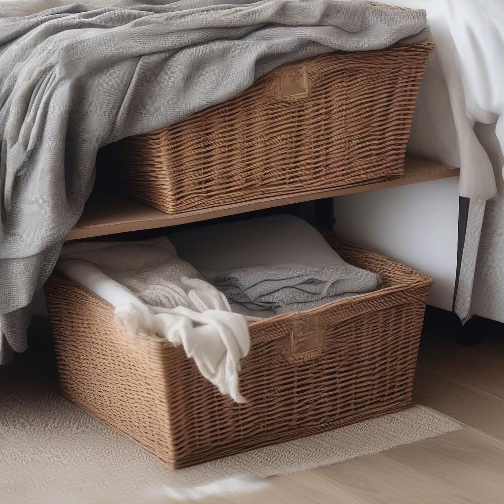 Wicker storage baskets neatly tucked under a bed, showcasing organized storage for blankets and clothing.