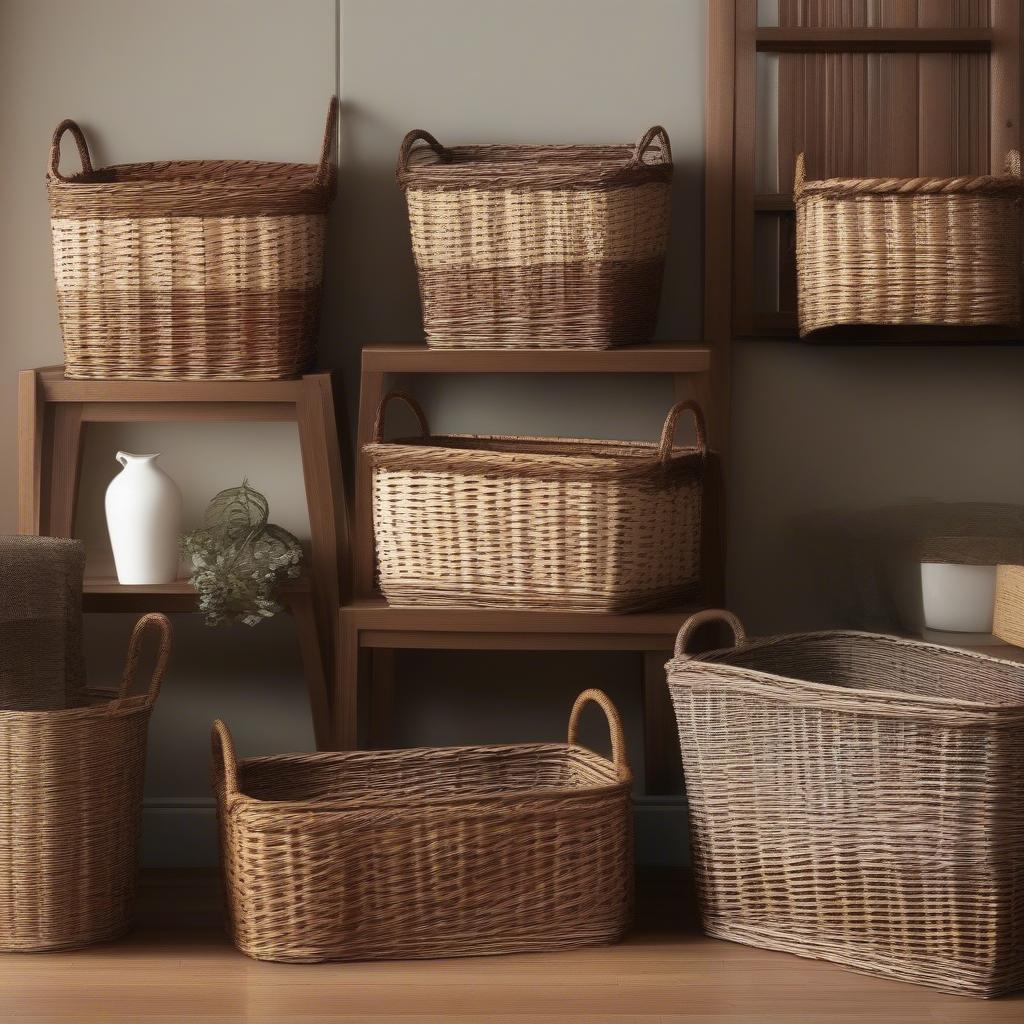 Various wicker storage baskets showcasing different sizes, shapes, and weaving patterns.