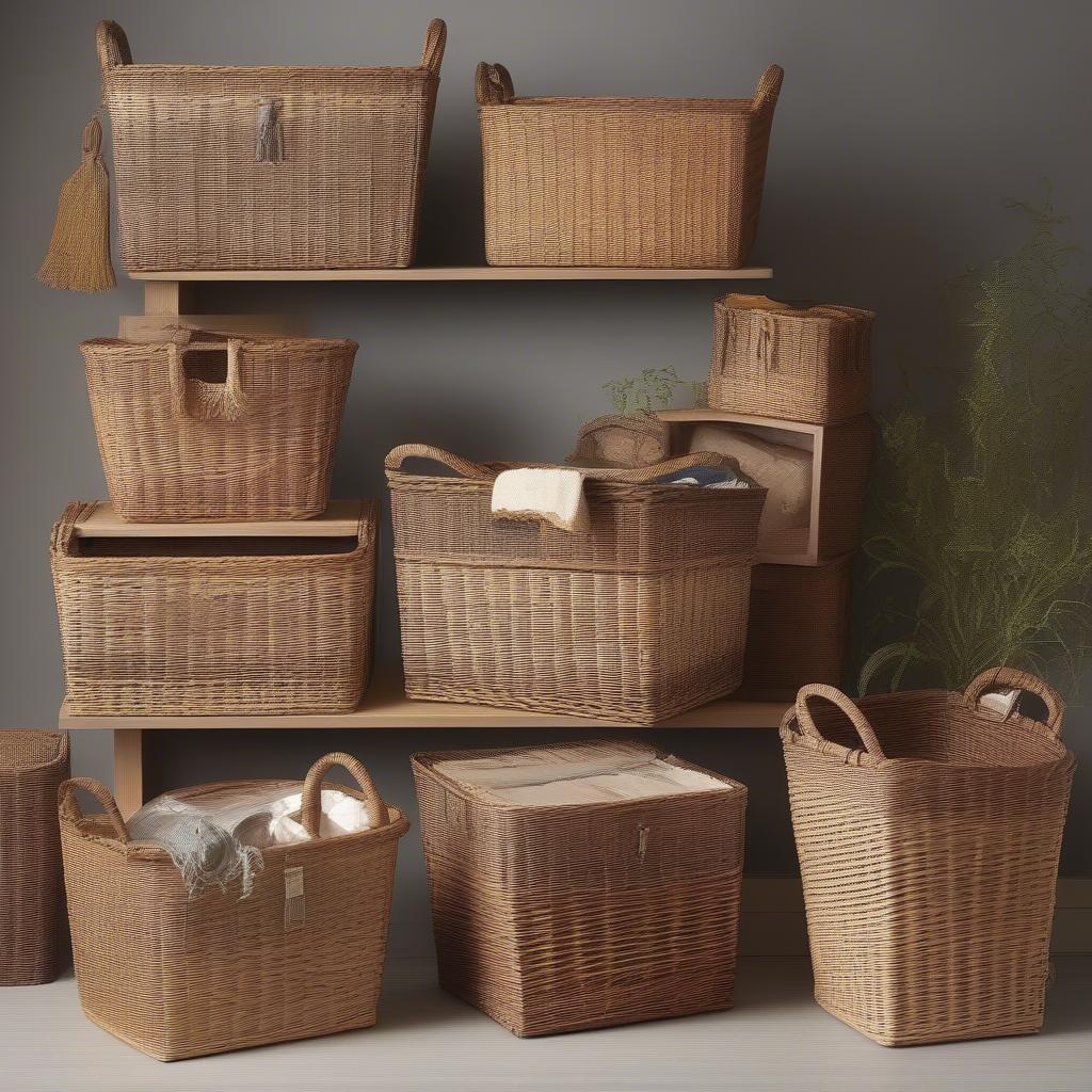 Various wicker storage baskets with labels showcasing different sizes, shapes, and weaving styles.