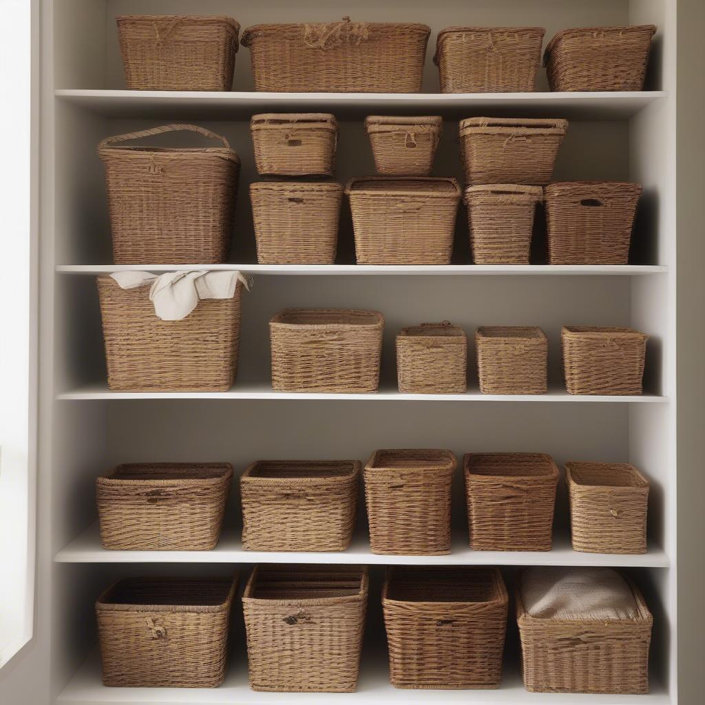 Various wicker storage baskets displayed on shelves, showcasing different sizes, shapes, and weaving styles.