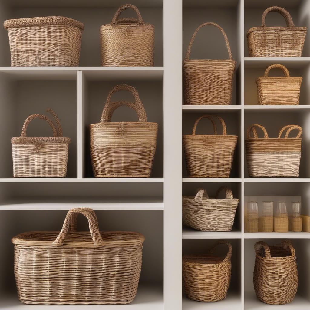 Variety of wicker storage baskets with handles showcasing different shapes, sizes, and weaving patterns.