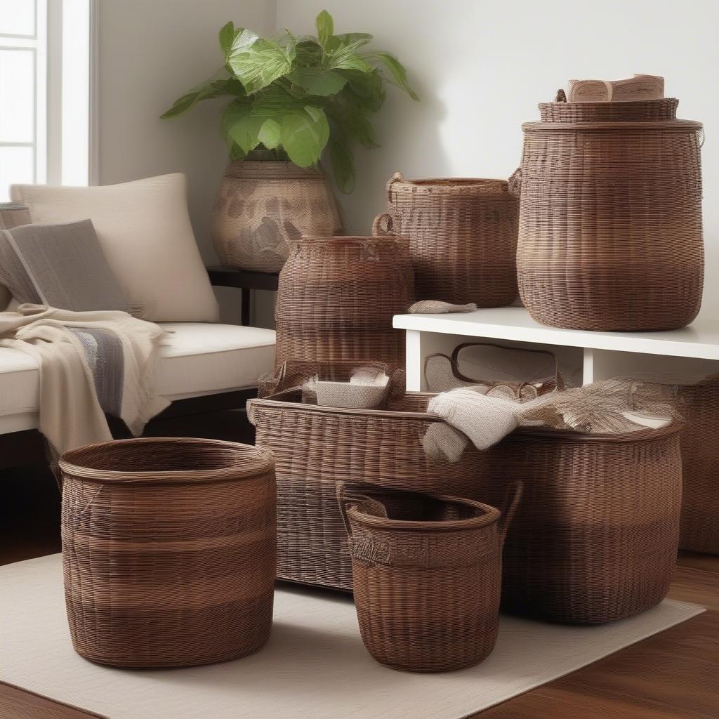 Wicker storage baskets with lids in a living room setting, showcasing various sizes and styles.