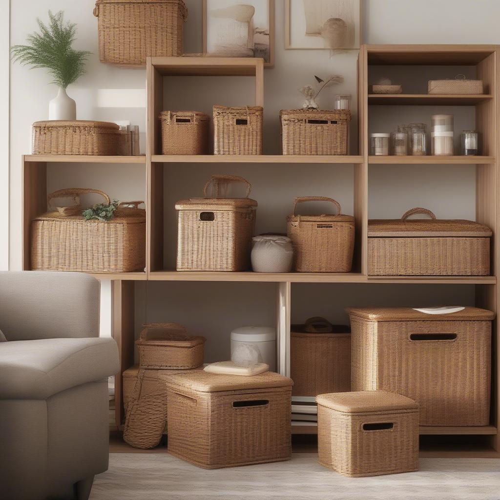 Wicker storage baskets with lids in a living room setting