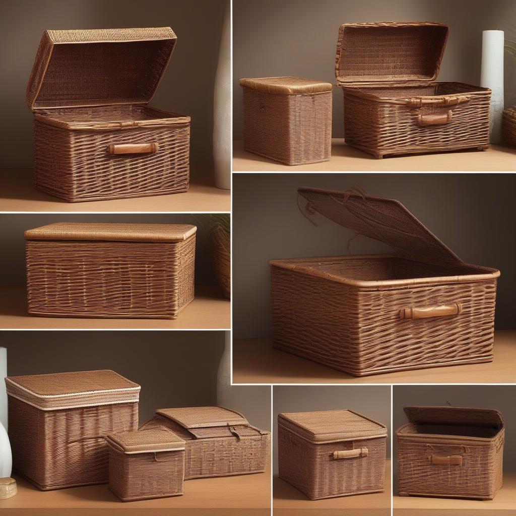 Various wicker storage baskets with lids in different shapes and sizes.