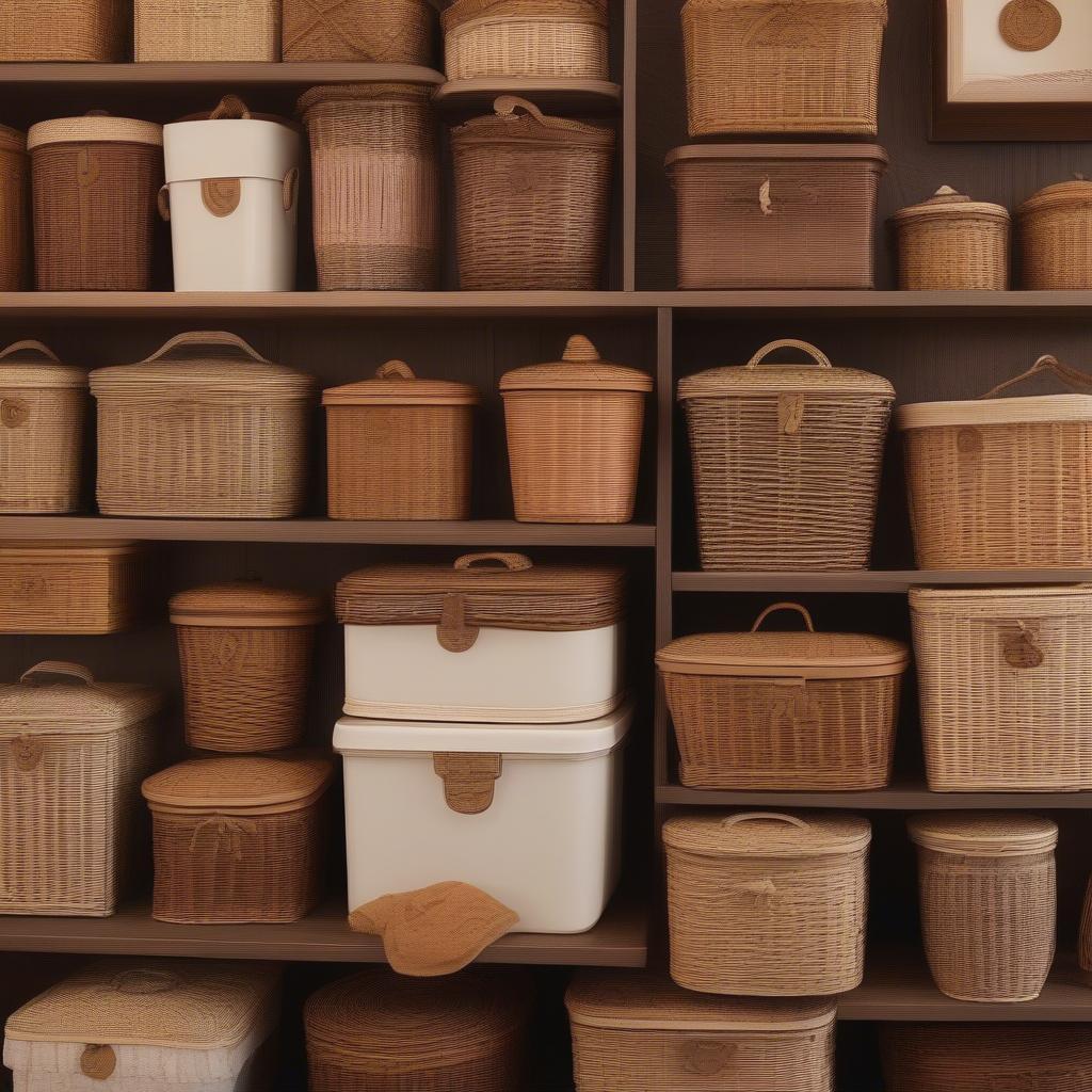 Variety of wicker storage baskets with lids in different shapes and sizes.