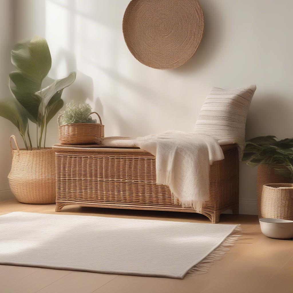 Wicker storage bench with baskets in a living room setting