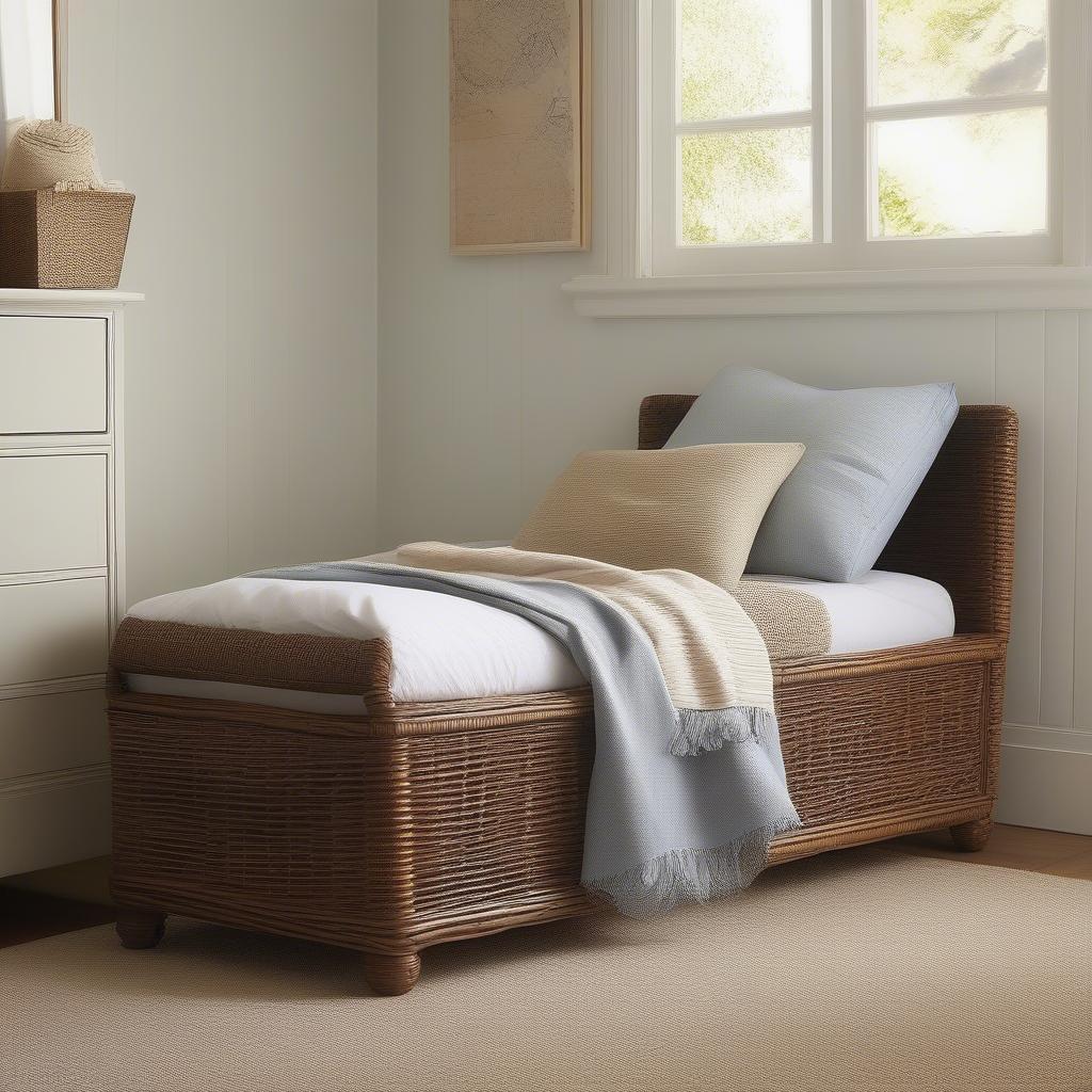 Wicker storage bench at the foot of a bed, providing seating and storage for blankets and pillows.