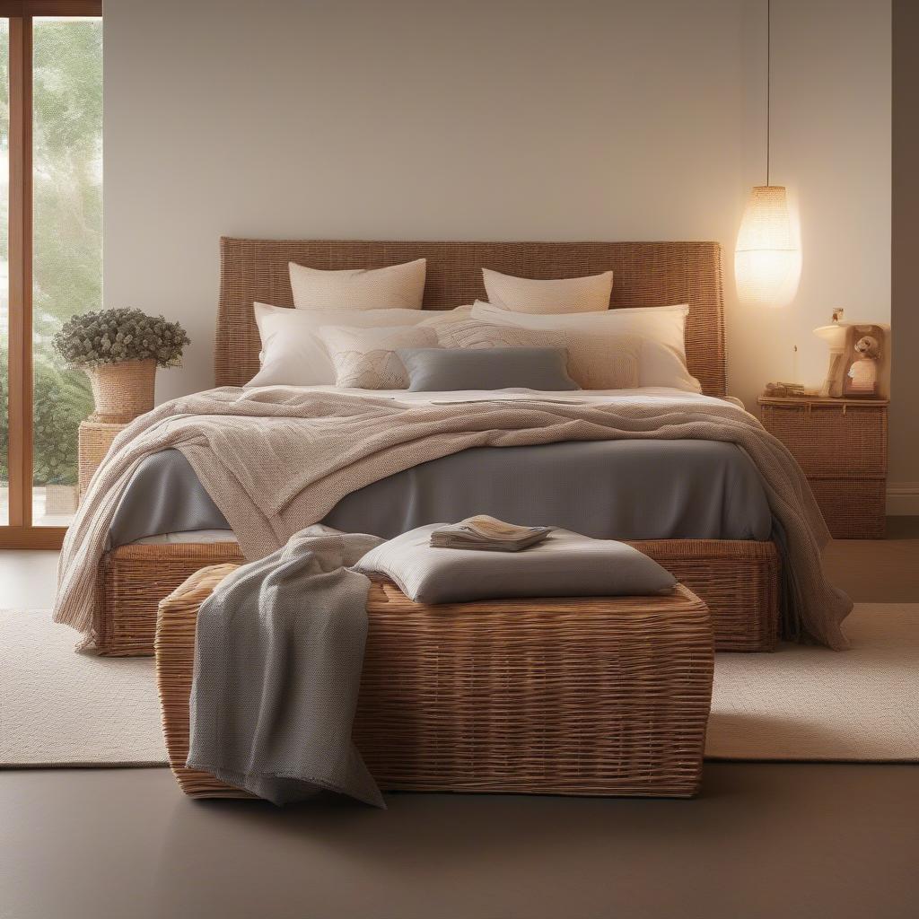 Wicker storage bench at the foot of a bed with decorative pillows and blankets, showcasing its use in a bedroom setting.