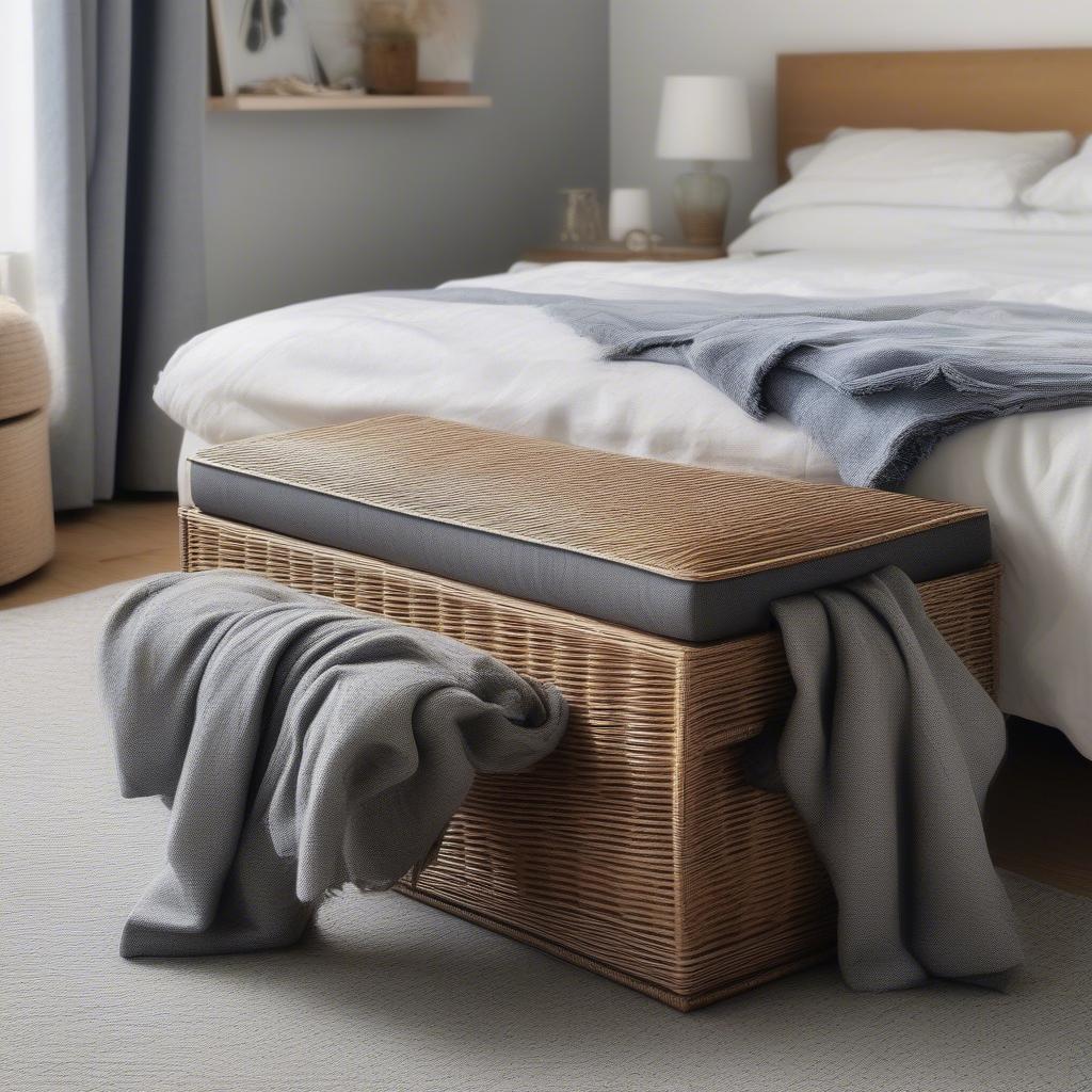 Wicker storage bench in a UK bedroom, highlighting its use for storage and seating.