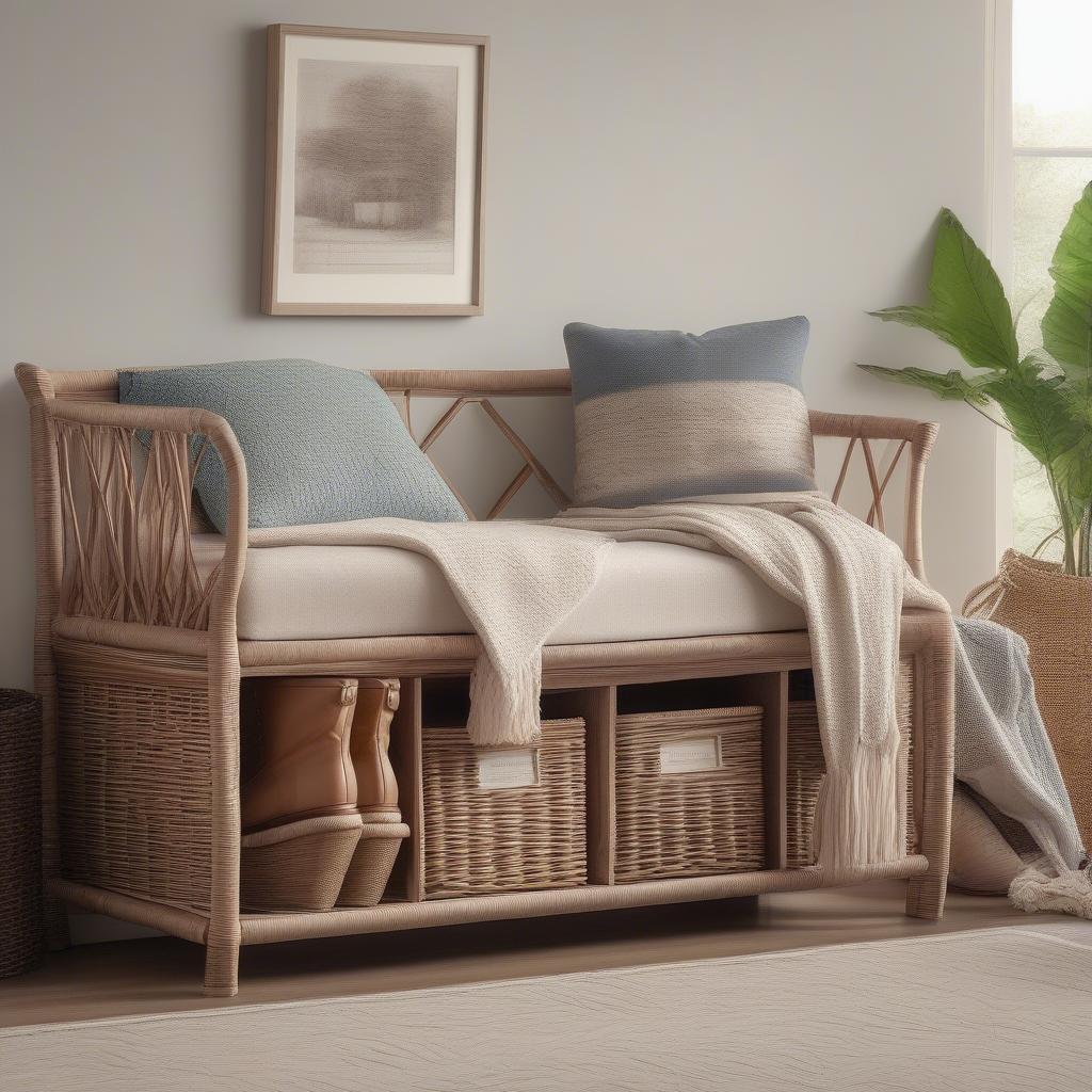 Wicker storage bench with cushion in a living room setting, showcasing its dual functionality as seating and storage.