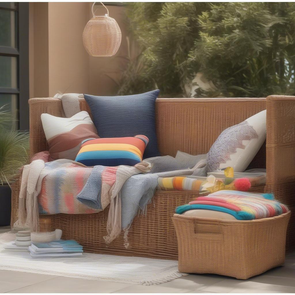 Wicker storage bench with cushions and accessories.