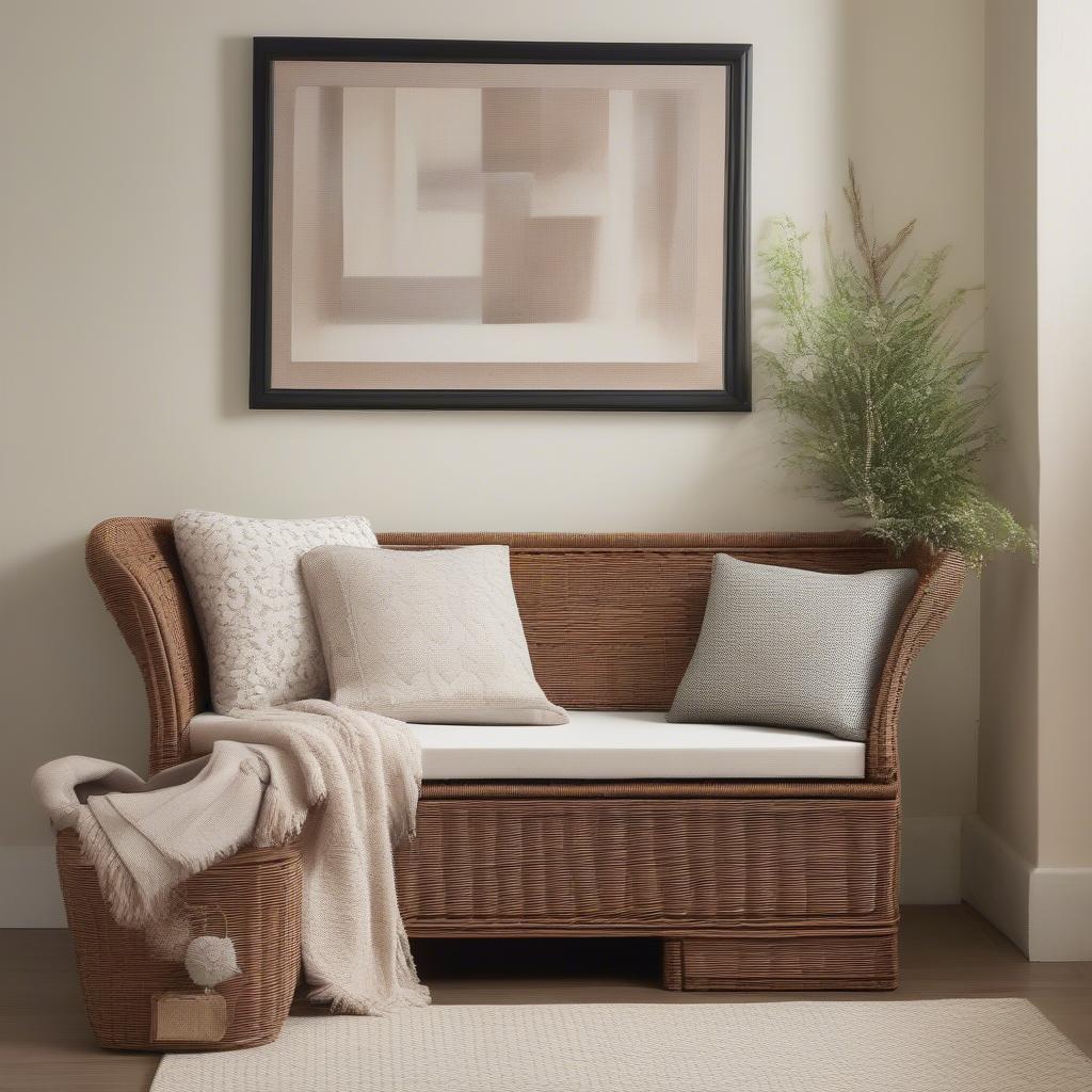 Wicker storage bench in a home entryway, providing seating and storage for shoes and accessories.