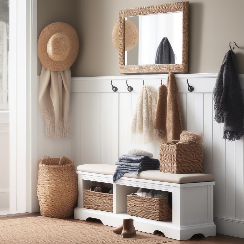 Wicker storage bench in an entryway for organization