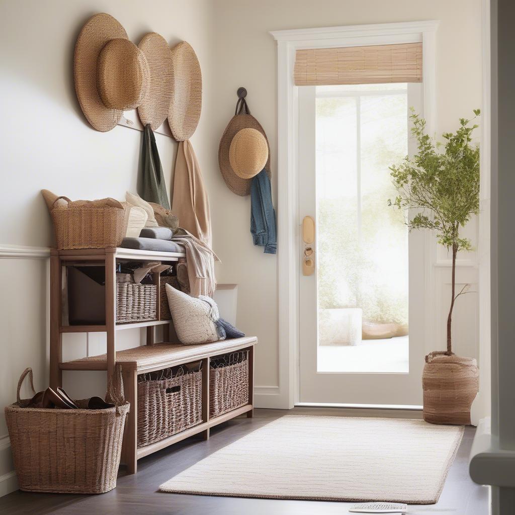 Wicker storage bench in an organized entryway