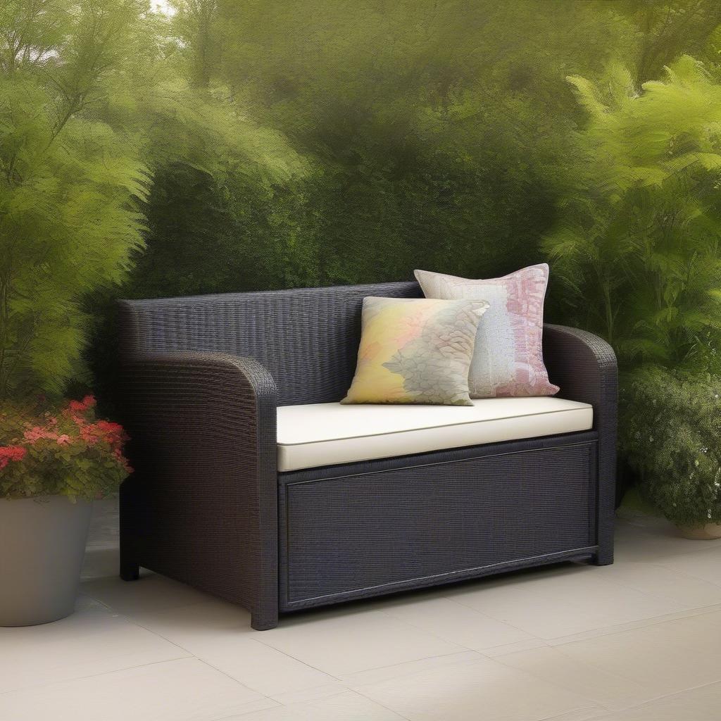 A wicker storage bench used in a garden setting, demonstrating its practicality and aesthetic appeal.