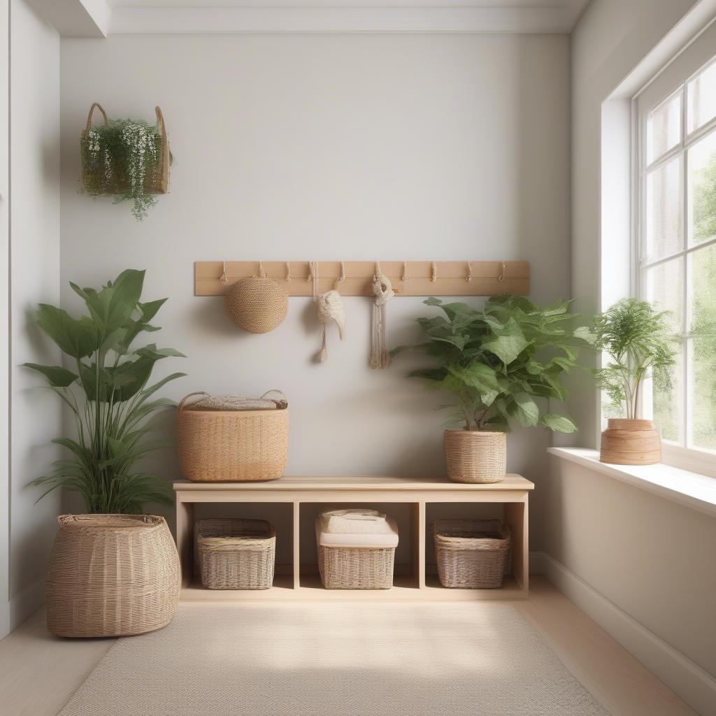 Wicker Storage Bench in Light Wood Entryway