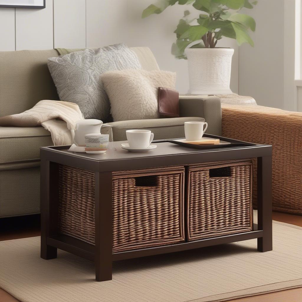 Wicker storage bench seat in a living room setting, used as a coffee table and extra seating.