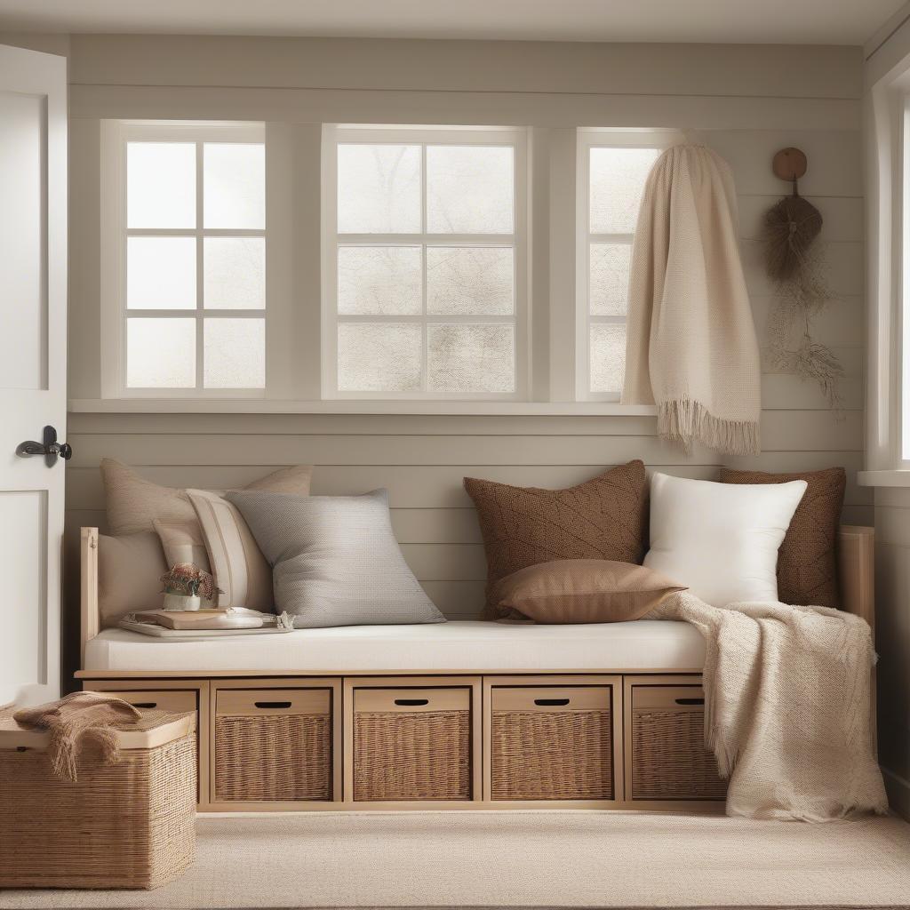 Wicker storage bench in a living room, providing seating and hidden storage.