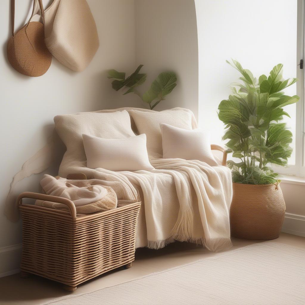 Wicker storage bench in a living room setting