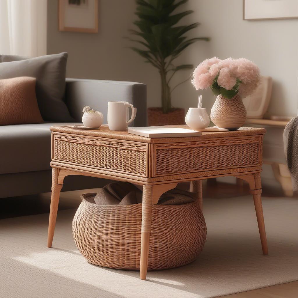 Wicker storage bench used as a coffee table in a living room with a tray and decorative items, showcasing its versatility and style.