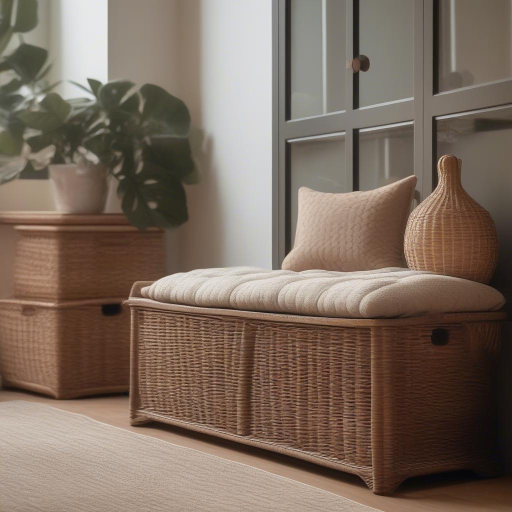 Wicker storage bench in a UK living room, showcasing its stylish design and practicality as a storage solution.