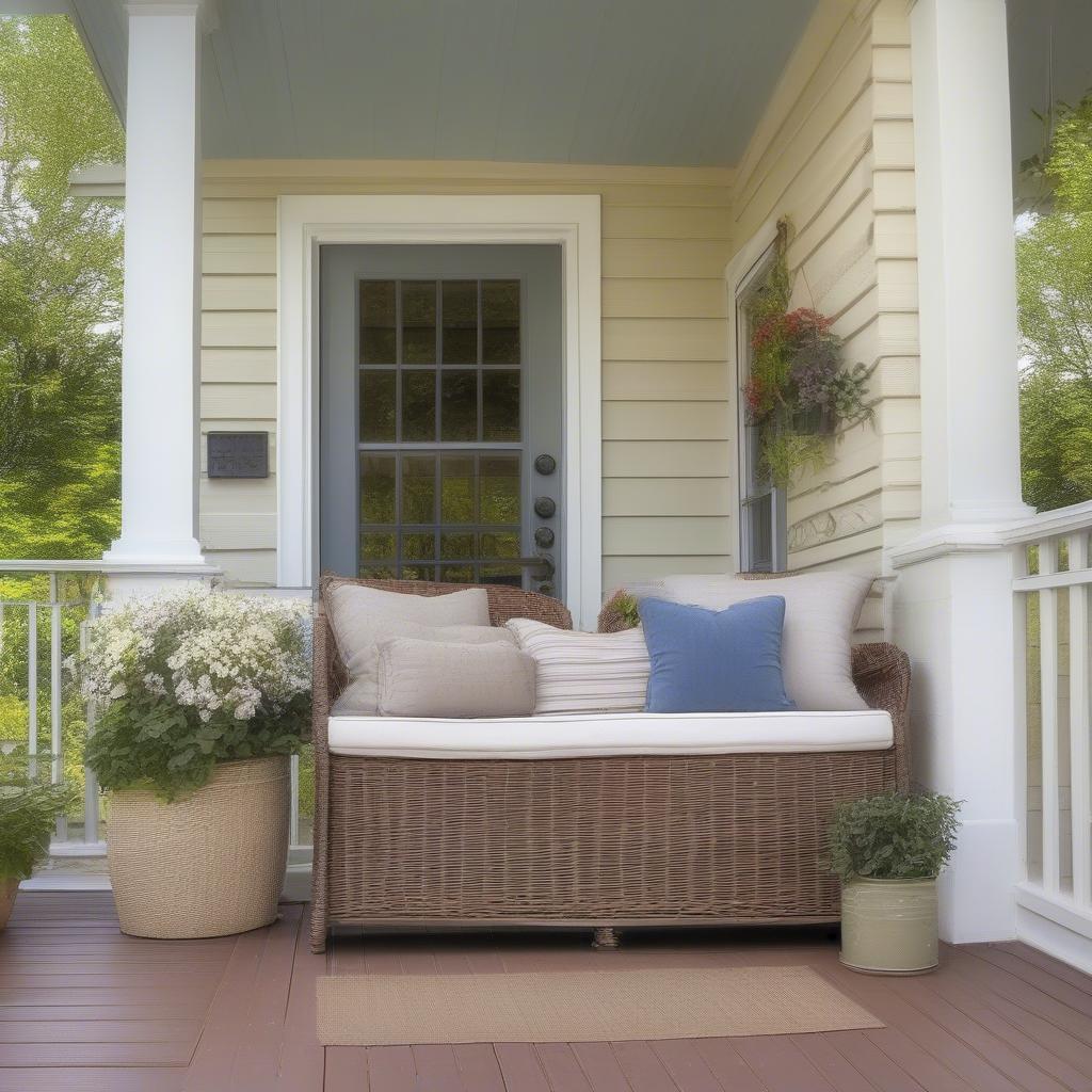 A wicker storage bench on a porch with cushions and potted plants.