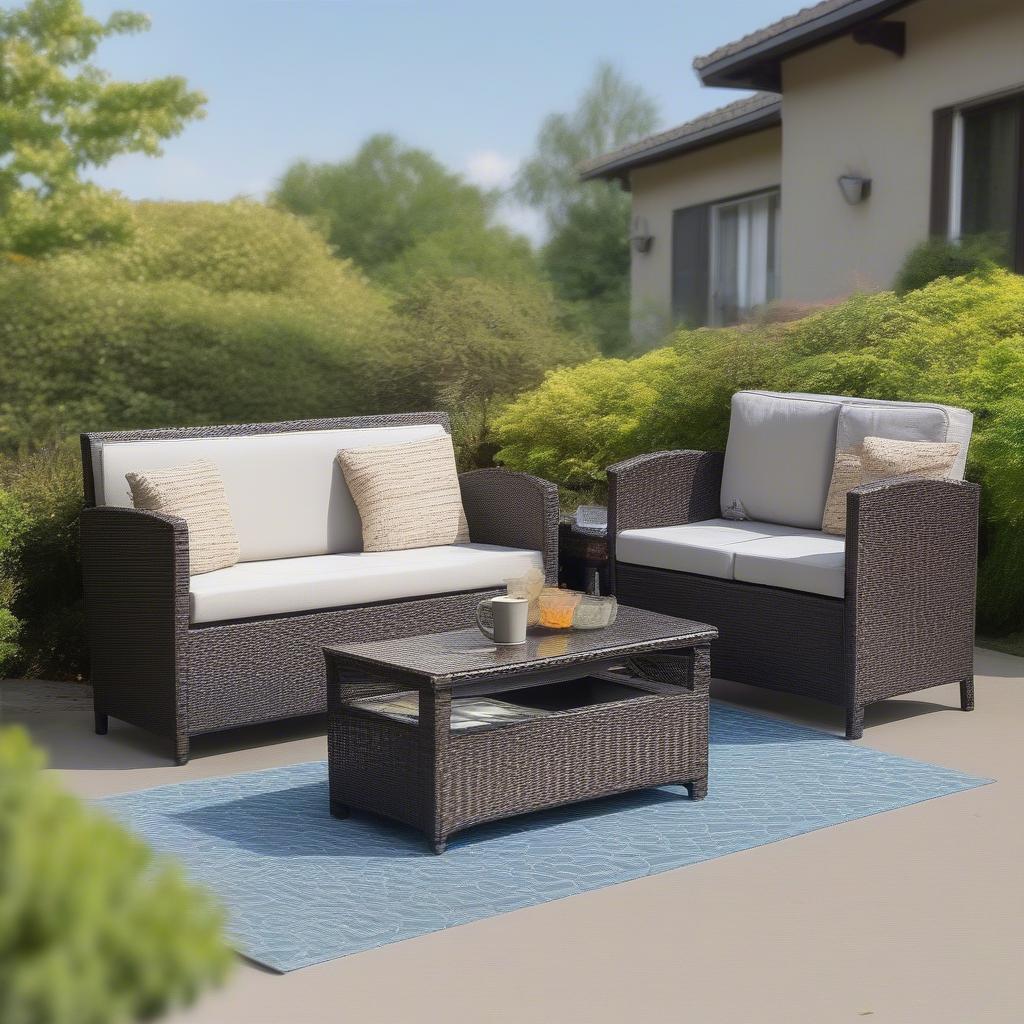 Wicker storage bench integrated with patio furniture