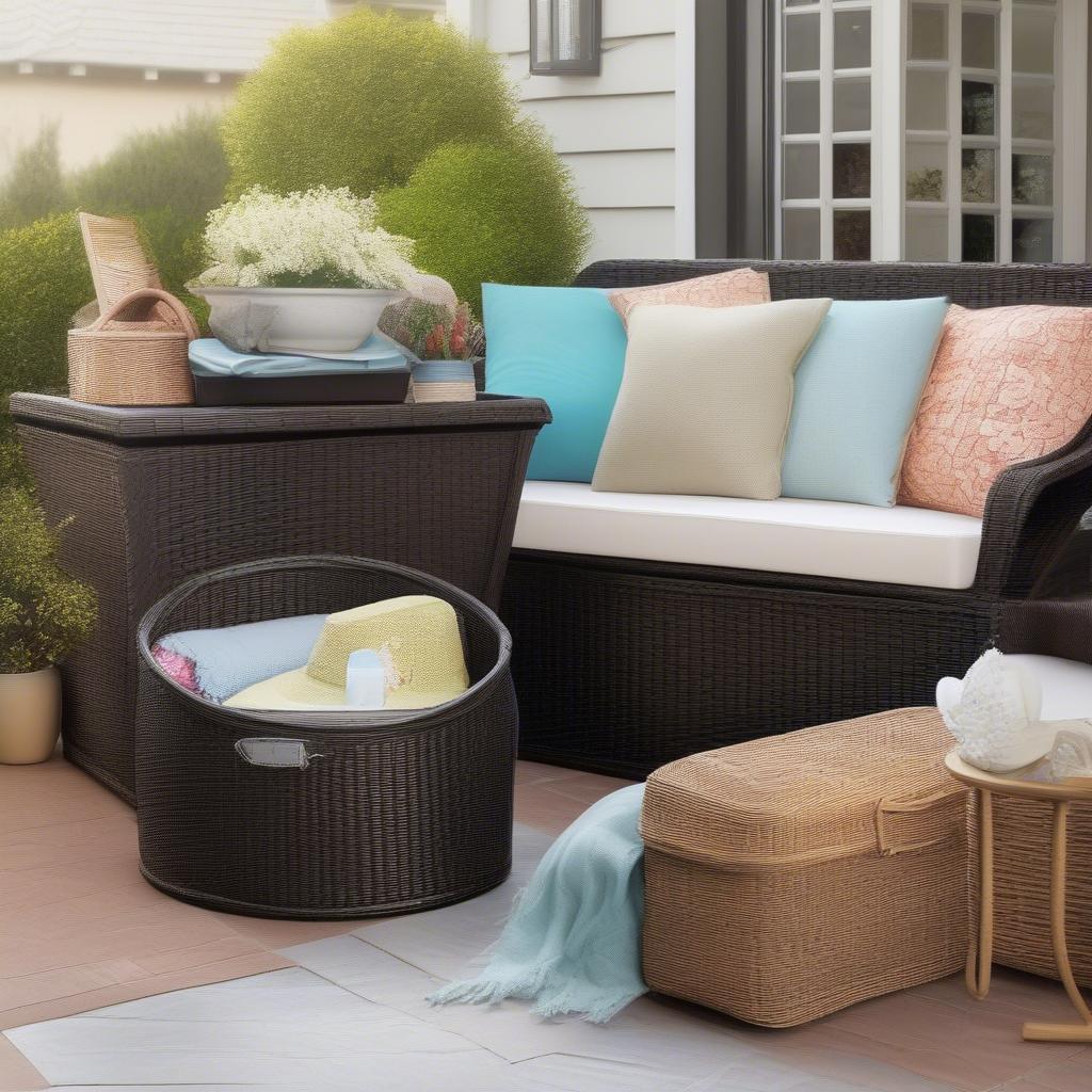 Wicker storage bins being used on a patio, showcasing their functionality and how they organize the space.