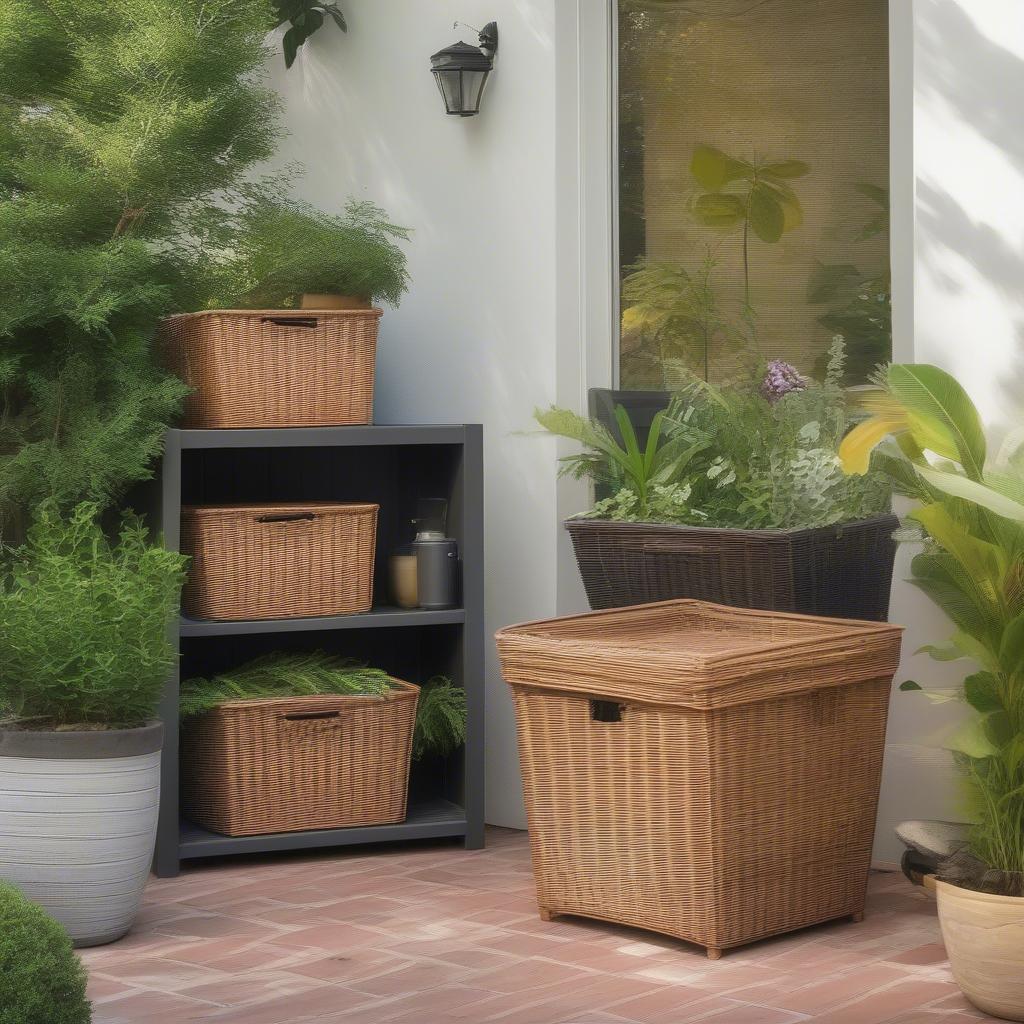 Wicker storage bins on a patio, showcasing different sizes and styles.