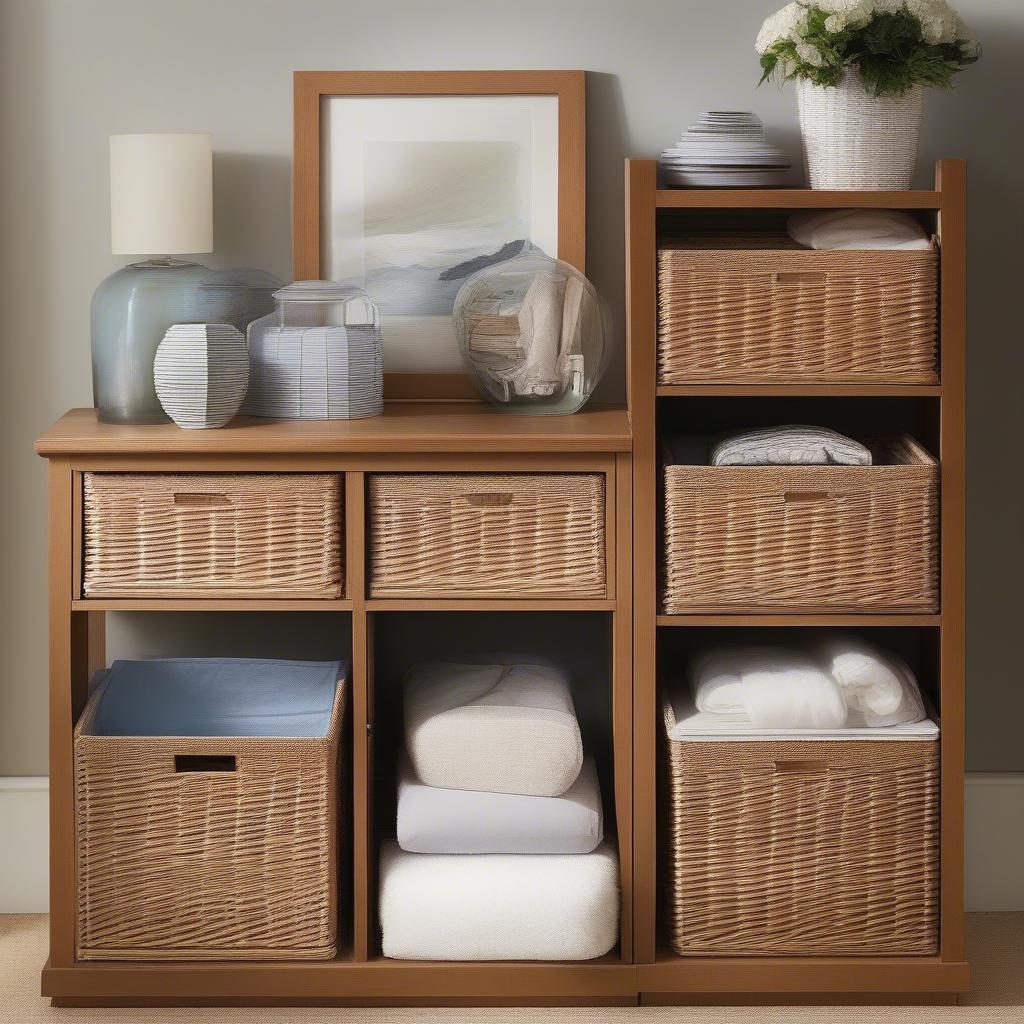 Different Placements for Wicker Storage Bins in a Home