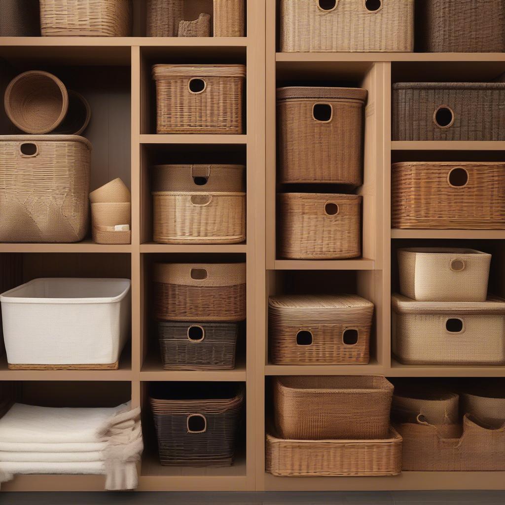 Different sizes and shapes of wicker storage bins