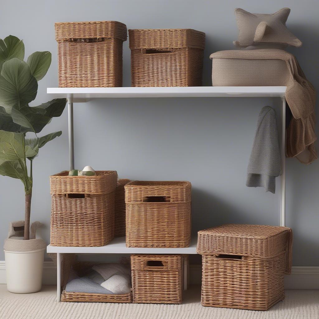 Wicker storage bins in various colors, showcasing different sizes and weaving patterns, placed in different room settings.