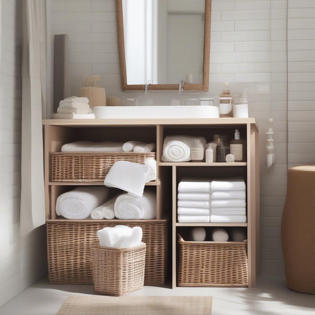 Wicker storage bins with lids storing towels in a bathroom