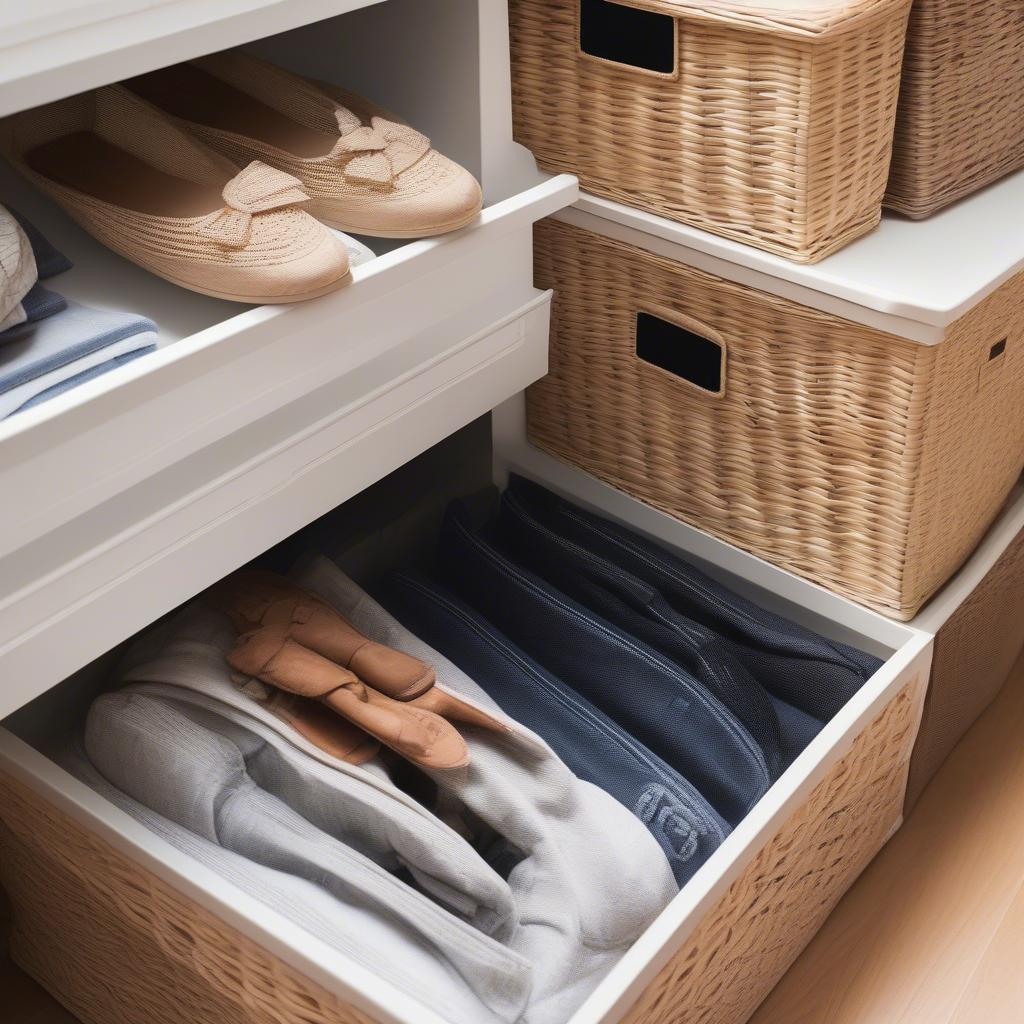 Wicker storage bins with lids organizing a bedroom closet