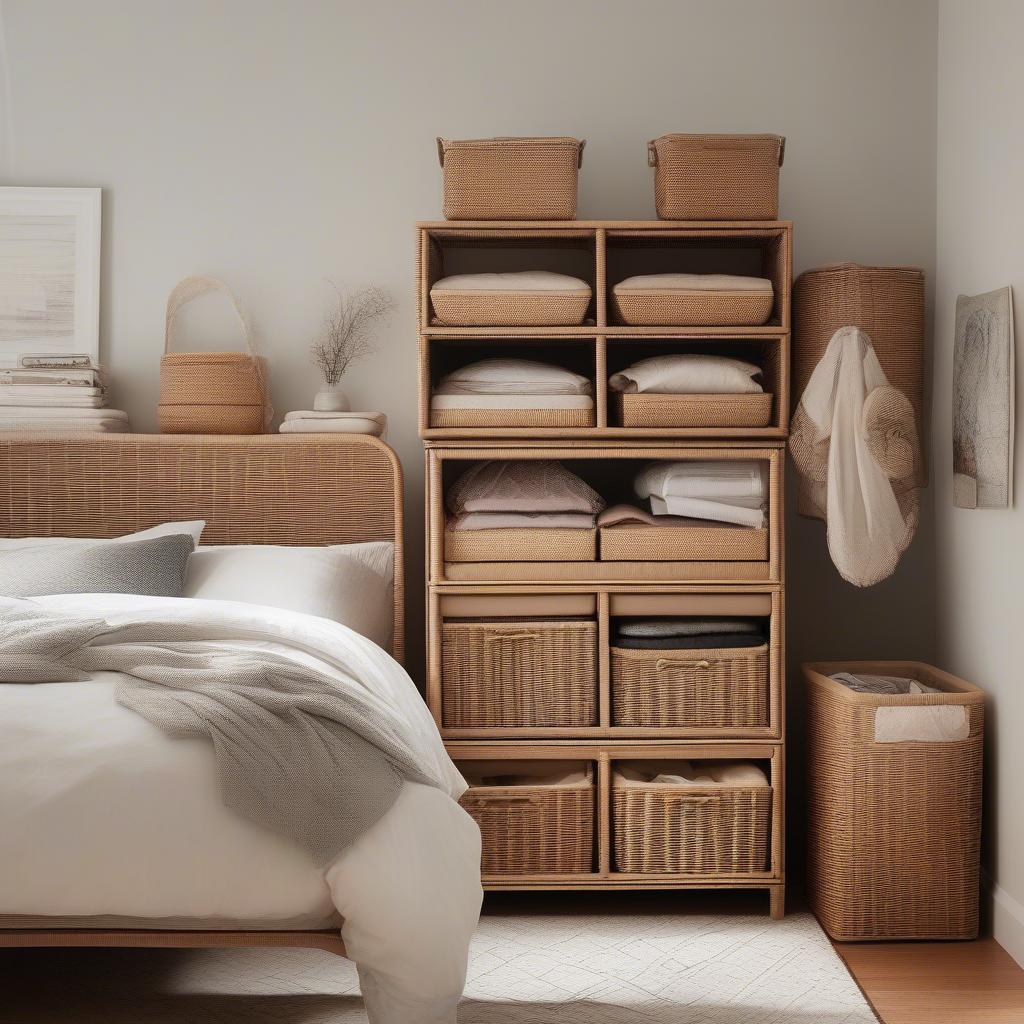 Wicker storage bins used for organization in a bedroom