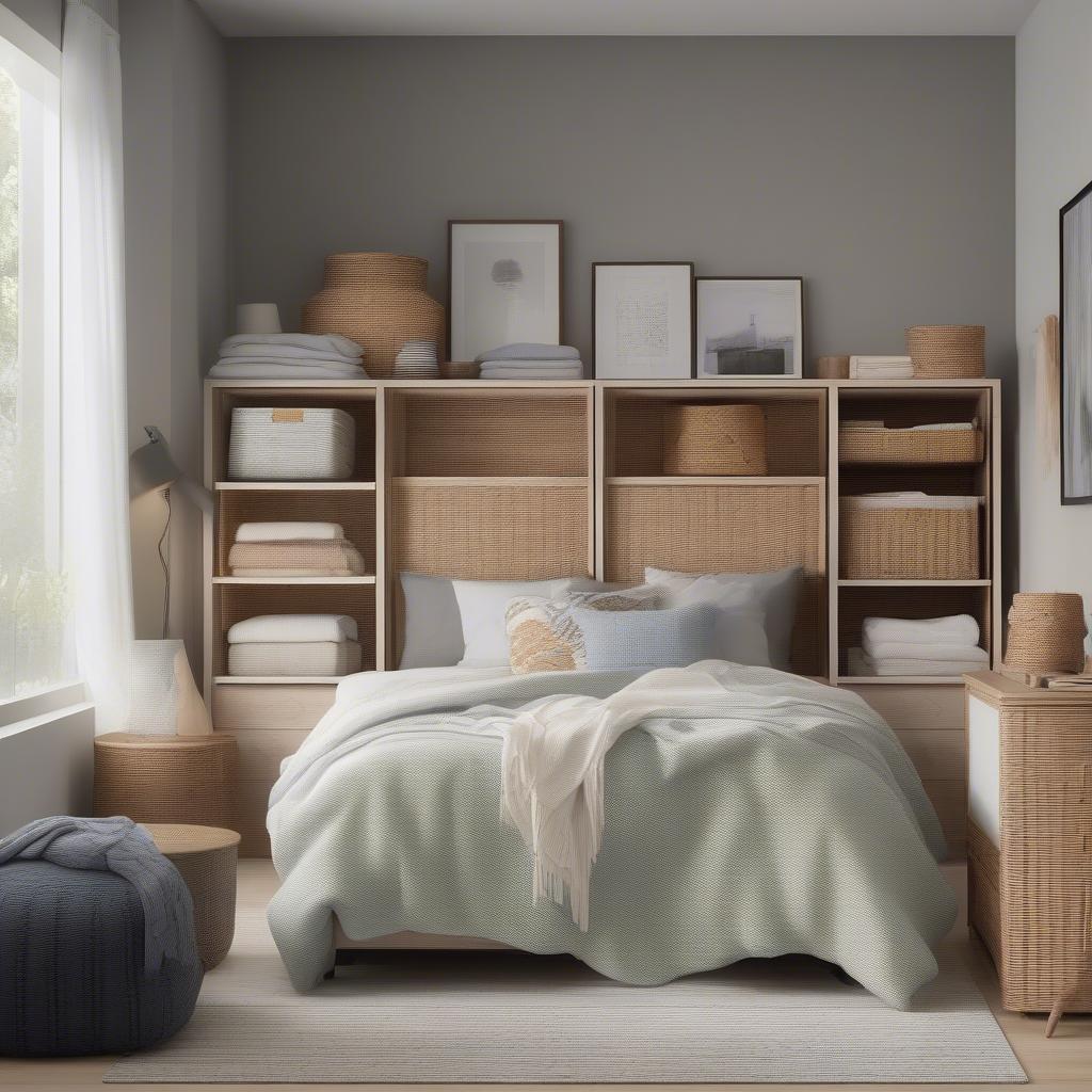 Stylish wicker storage bins organizing clothes and accessories in a modern bedroom.