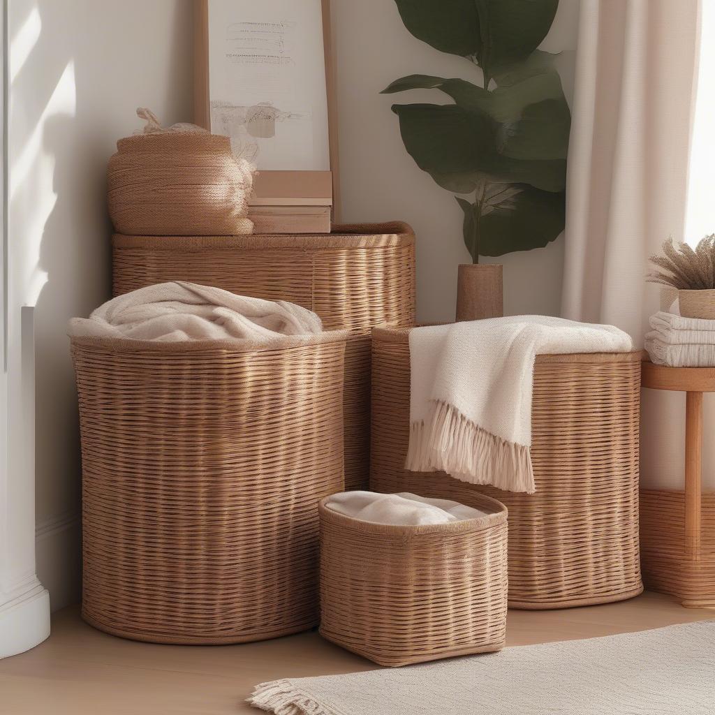 Wicker storage bins arranged stylishly in a living room corner, adding a touch of bohemian charm.