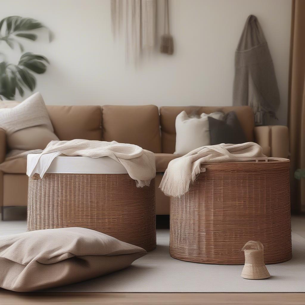 Wicker storage bins with lids in a living room setting