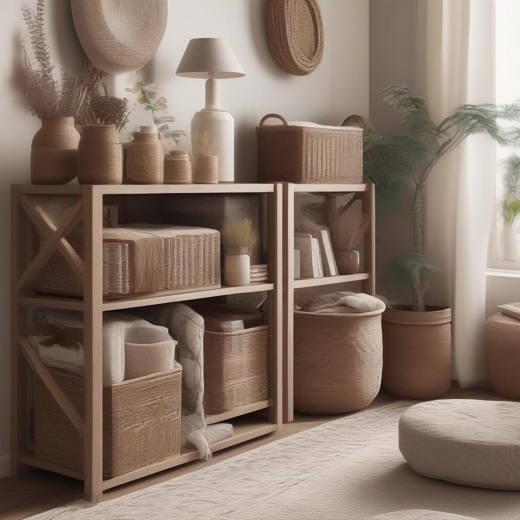 Wicker storage bins in a living room setting