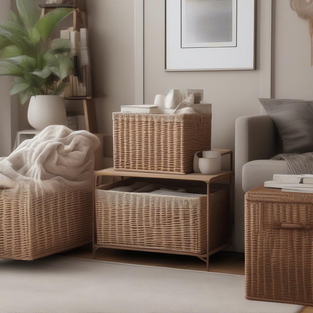 Wicker storage bins in a living room setting