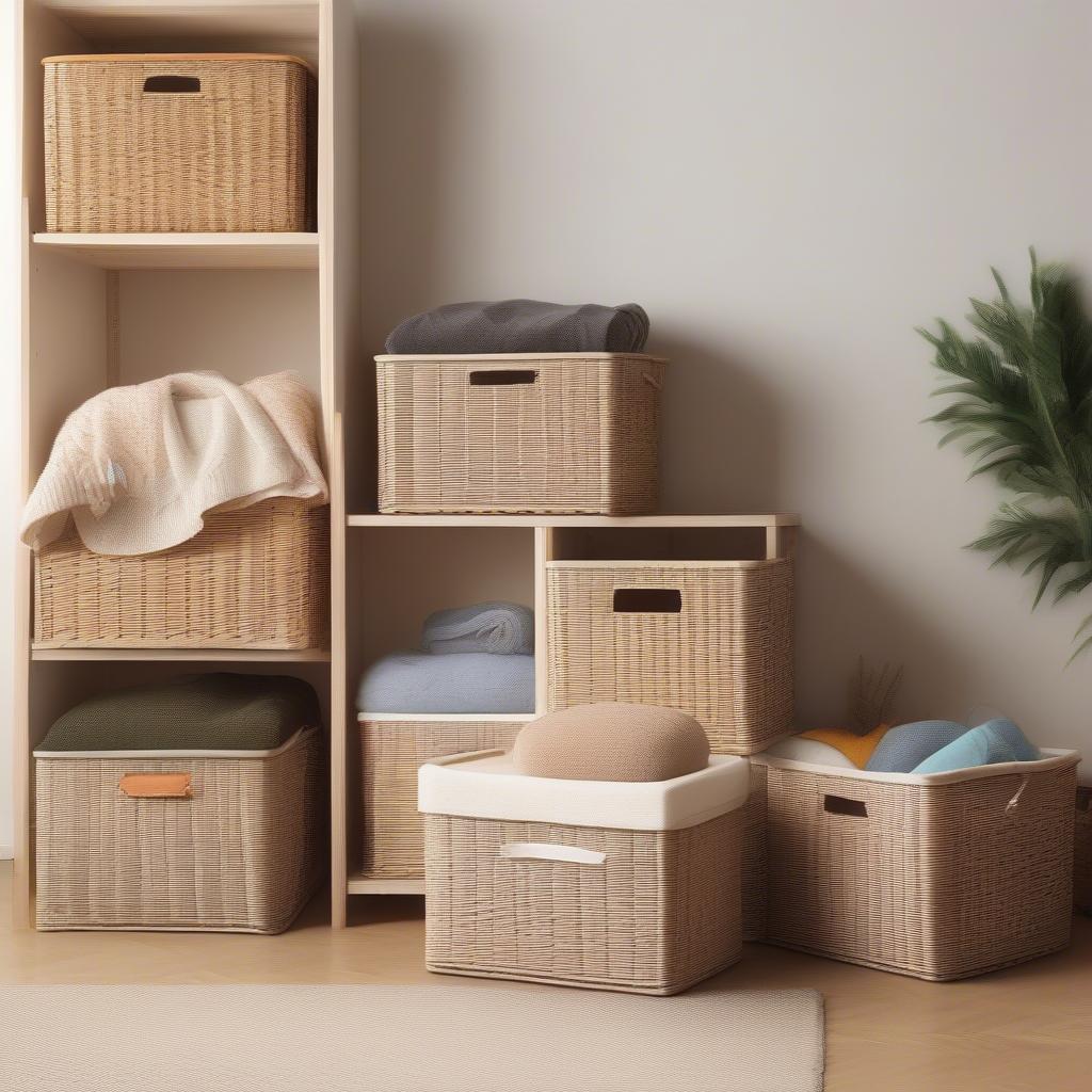 Wicker storage bins from Ocean State Job Lot displayed in various sizes and styles, showcasing their versatility and aesthetic appeal.