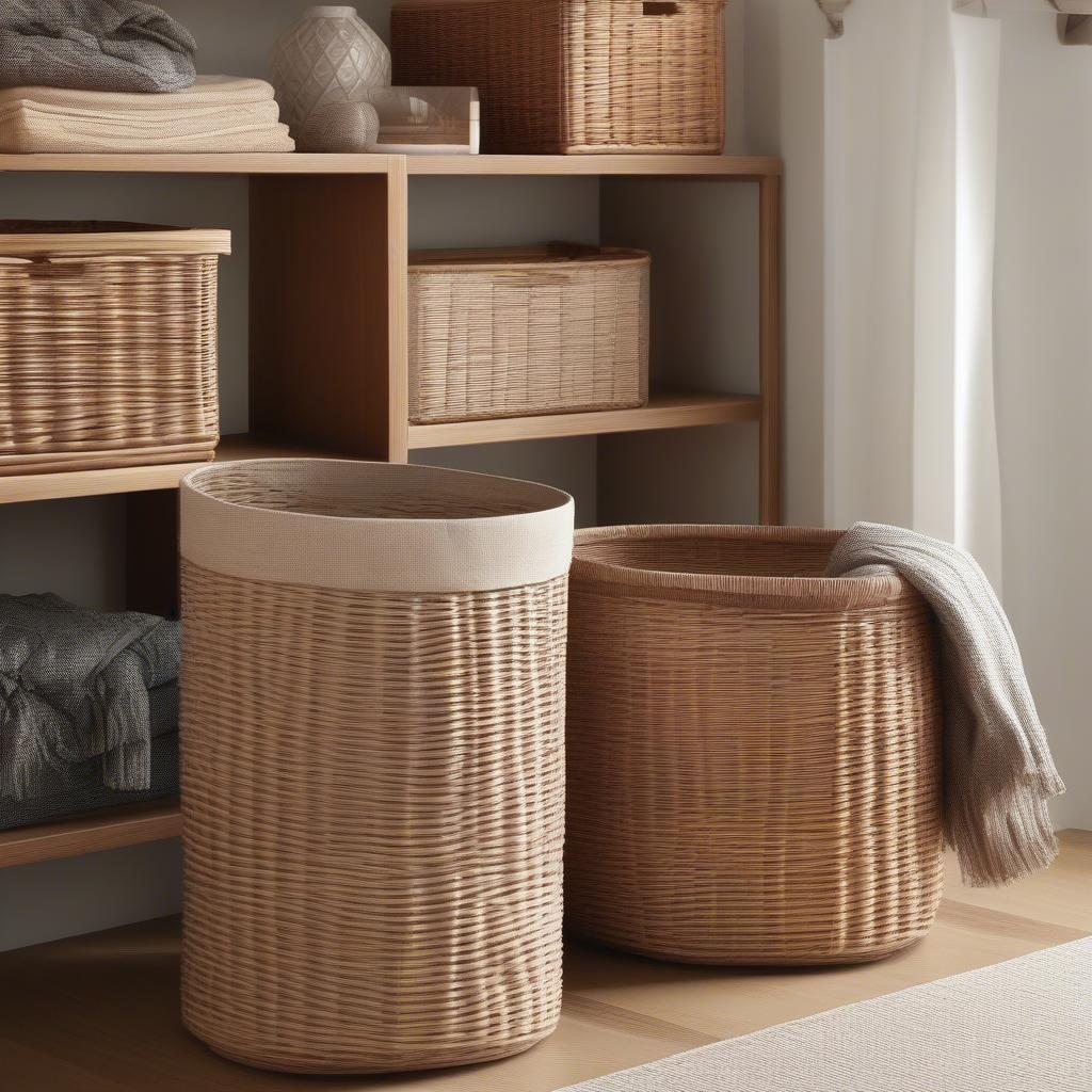 Various styles of wicker storage bins